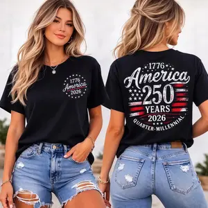 America 250 Years Shirt, 1776 2026 USA Flag Tee, Quarter Millennial ,USA Tee Cotton Menswear Crew Neck Graphic Top Womenswear Stylish Print Streetwear Tshirt