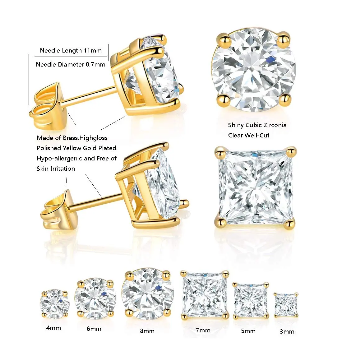 6-Pair Luxury Earrings Set (Looks Like Real Diamonds) + Free Gift Box  Gold Plated Cubic Zirconia Earrings With Free Jewelry Box Pack 6 Pairs for Men & Women Round & Princess Cut Unisex Fashion Jewelry Gift 4mm 6mm 8mm Sizes with Free Jewelry Box tiktoksh