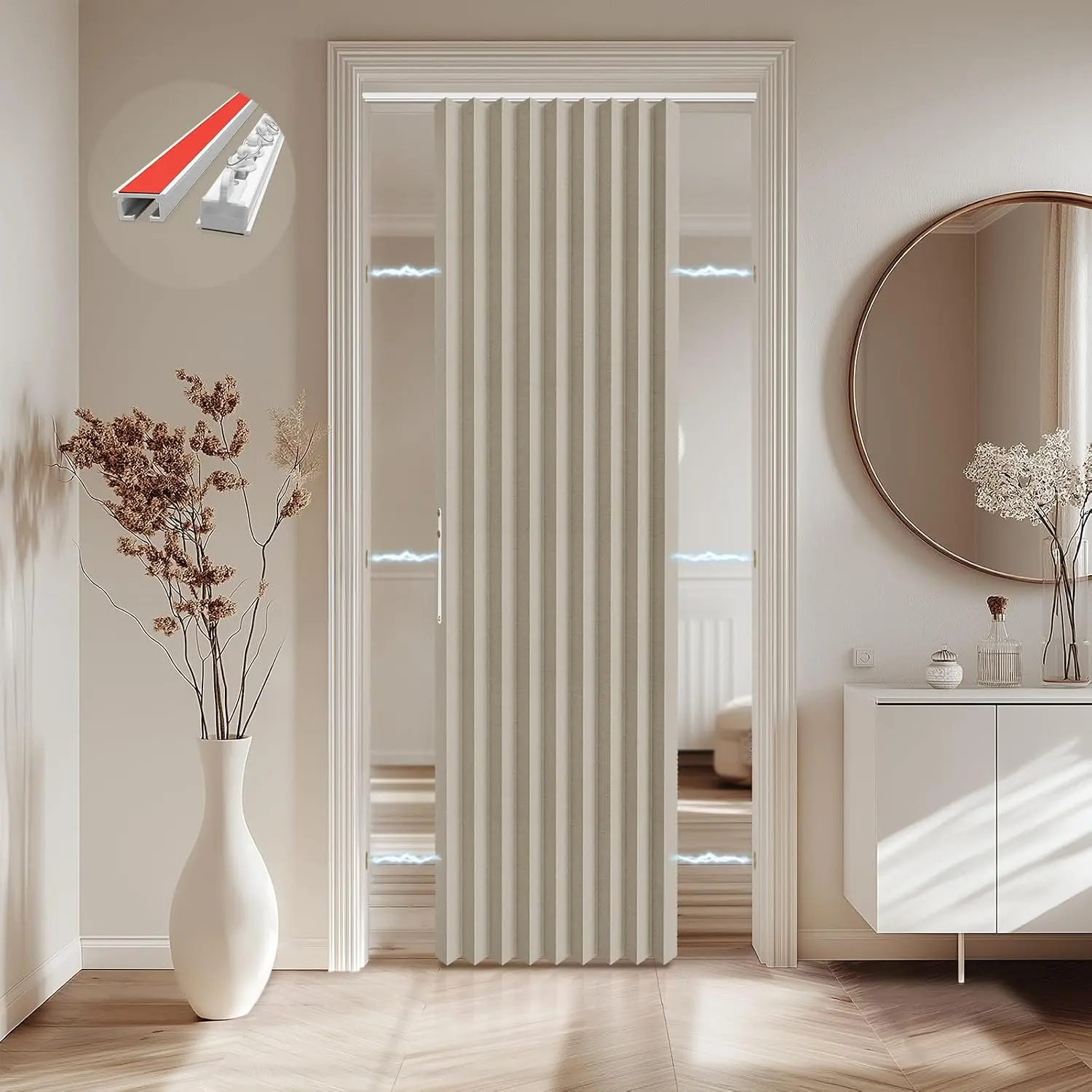 Accordion Door Curtain,Adhesive Curtain Track Mounting, 100% Blackout Doorway Curtains, for Accordion Doors Interior,Room Divider, Temporary Door, Closet Doors,Beige 43" W×78" L,1 Piece