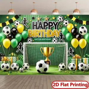1pc 2D Soccer Themed Birthday Banner, Green Field Goal, Trophy & Player Silhouette Backdrop, Yellow-Green Color Scheme, Ideal for Football Fans' Birthday Parties, Sports-Themed Gatherings, Team Celebrations Decor, Childrens Day Props