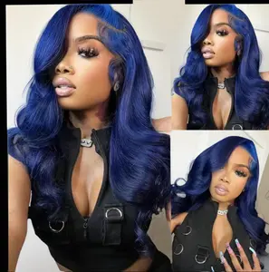 2025 model 26-inch dark blue 13*4 fashionable women's large wave synthetic fiber transparent lace front curtain wig, no glue blue synthetic lace forehead wig, fashionable for women, heat-resistant, suitable for all skin tones, suitable for festivals