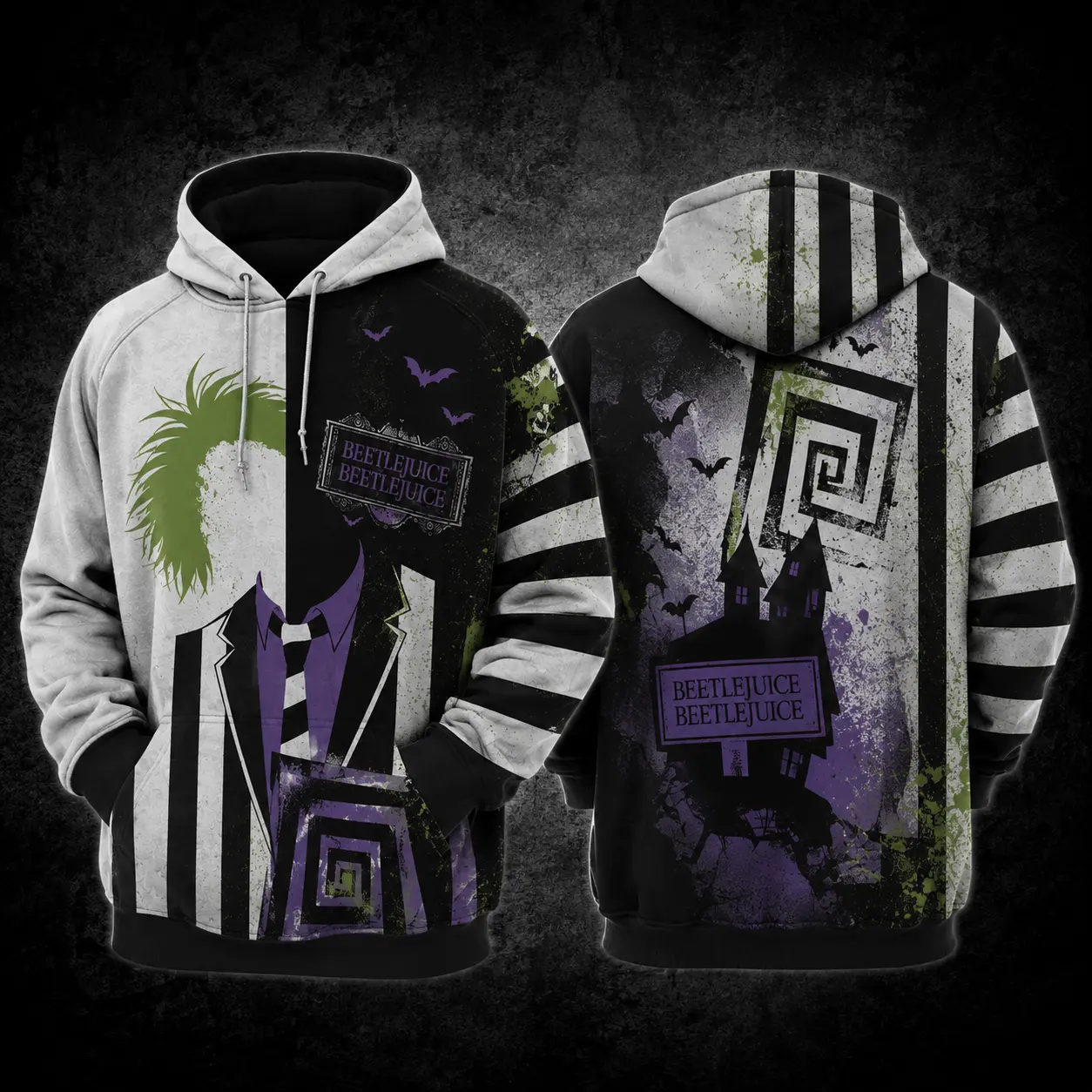 Men’s Beetlejuice Inspired Gothic Halloween Hoodie, Black White Striped Graphic Sweatshirt, Purple Green Spooky Haunted House Design, Distressed Horror Style Pullover, Alternative Streetwear Gift for Men