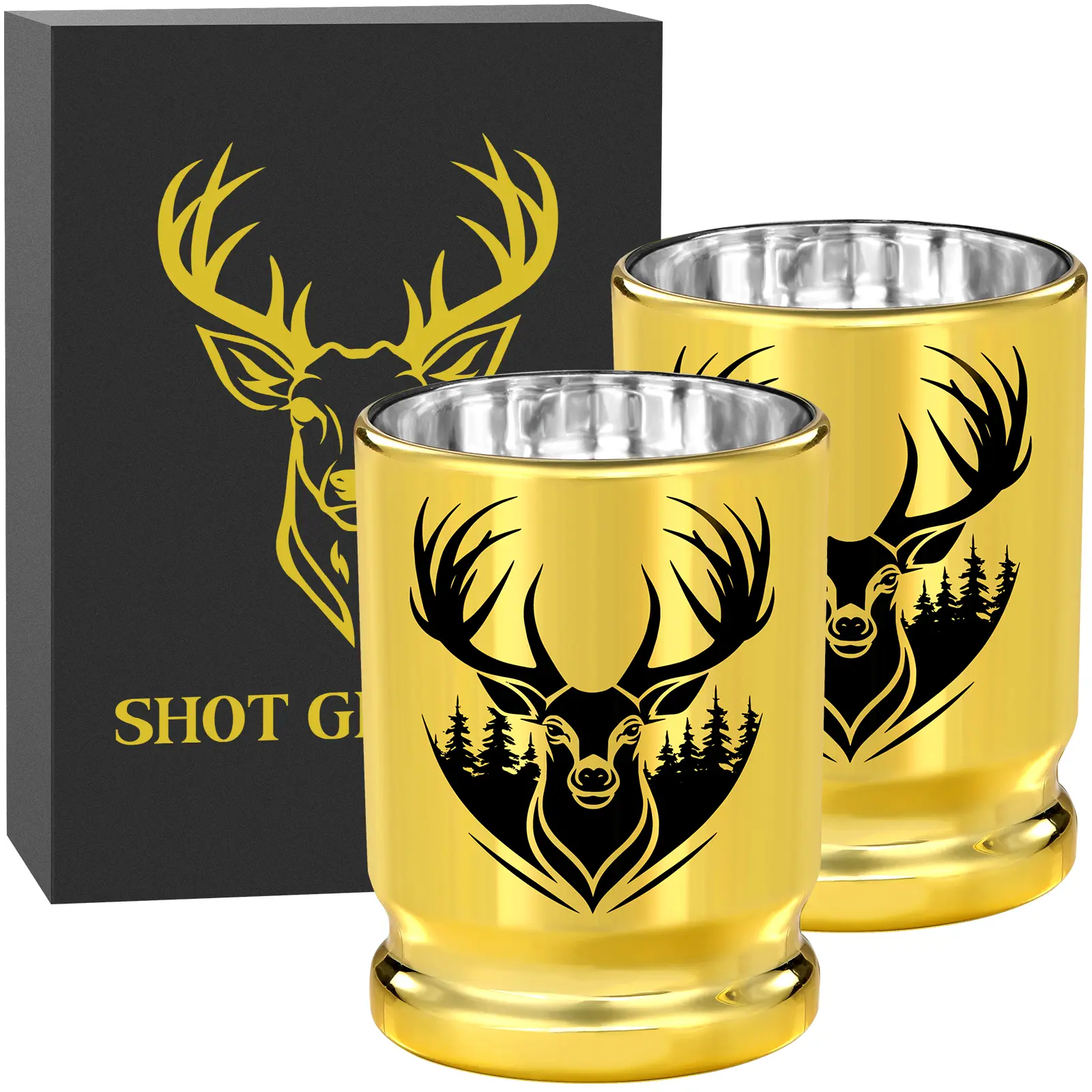 2Pcs 50 Caliber Gold Bullet Shot Cups, Reusable Leakproof Plastic Shot Glasses with Gift Box, Deer Head Animal Print, Perfect for Whiskey, Tequila & Spirits