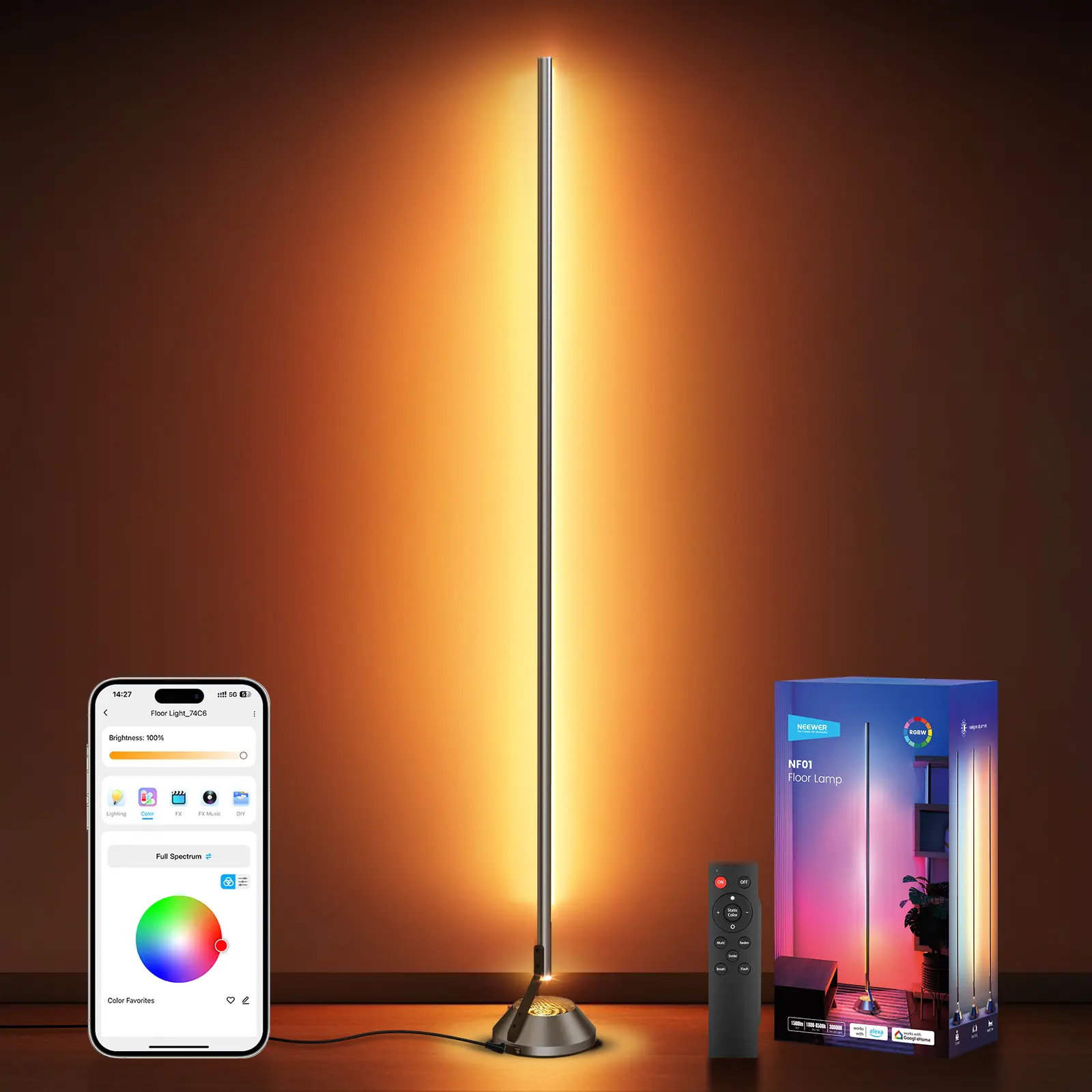 NEEWER Smart RGBIC Floor Lamp with RGB IC Chip, 1500lm LED Standing Corner Light, App/WiFi & Remote Control, Alexa/Google Compatible, AI DIY, Music Sync, 16M Colors, Ambience Lighting for Bedroom, Living Room, NF01