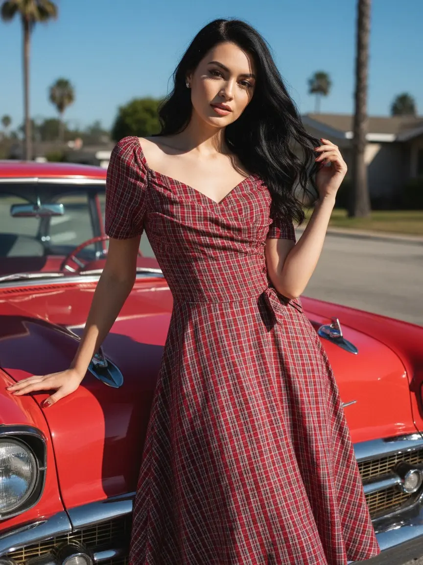 RETRO STAGE Women's 1950s Red Christmas Plaid Polyester Casual Short-Sleeve Dress - Ruched Sweetheart Neck, Bow Accent, Flared Skirt, Back Zipper Closure, Shortsleeve, Casual Wear, Daily Casual Dresses Wedding Guest Dress Fall Wedding Guest Outfit