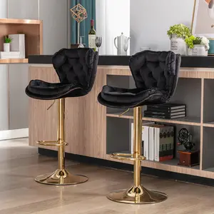 Modern Velvet Bar Stools Set of 2, Adjustable Height Swivel Bar Stools with Chrome Footrest, Modern Counter Stools for Kitchen Island, Gold Leg & Simple Design,Black