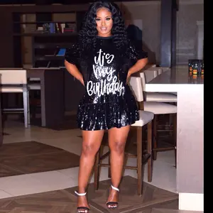 Women Sexy Glitter Sequin Shirts Dress Letter Graphic Print Half Sleeve Party Club Short Dress