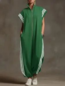 Women's Oversized Striped Zipper-Up Jumpsuit - Stand Collar, Short Sleeves, Loose Cropped Pants with Pockets, Casual Sporty Essential Summer Style Outfit, Multi Colors (Summervibes Green) | Women's Overalls Breathable Fashion Womenswear