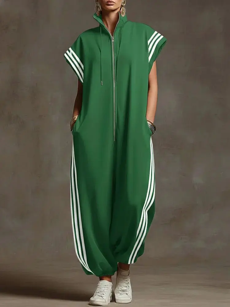 Women's Soft Baggy Striped Jumpsuit - Comfortable Slimming Short Sleeve Casual Outfit with Pockets and Zip Front, Fashion, Breathable, Trending Clothes, Zipper, Overalls, Style, Sporty, Essential, Shortsleeve, Loose, Fabric, Polyester, Jumpsuits For Women