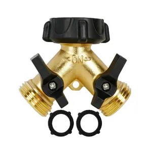 Hourleey Brass Garden Hose Splitter 2 Way, 3/4 Inch Hose Connector Tap Splitter, Hose Y Splitter, Hose Spigot Adapter 2 Valves with Extra Rubber Washers