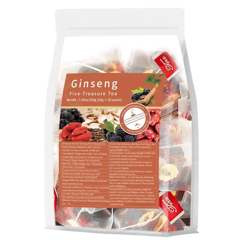 Ginseng Five Treasure Herbal Tea Bags, Traditional Caffeine-Free Herbal Tea Blend for Daily Wellness & Energy Support, Natural Botanical Tea, No Additives, 20 Tea Bags (1 Pack)