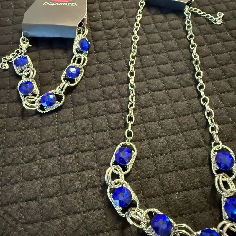 Paparazzi Blue Crystal Teardrop Statement Necklace & Earring Set with Silver Chain and Blue Stones
