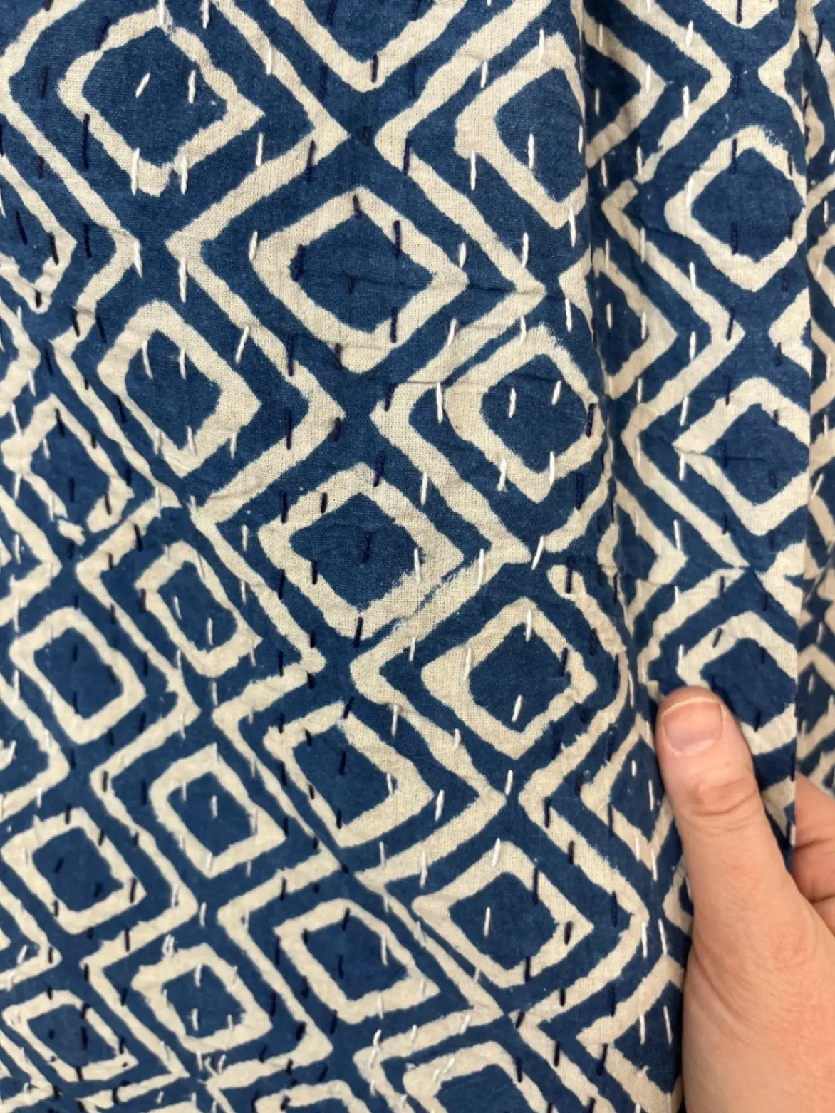 Indigo Diamonds Block Print Cotton Kantha Quilt