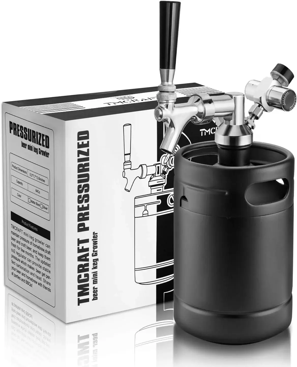 64Oz Rotating Pressurized Stainless Steel Kitchen Beverage Growler Tap System, Mini Keg with Cooler Jacket, Portable Home Dispenser for Draft & Craft Beer Fresh Carbonation (Matte Black)