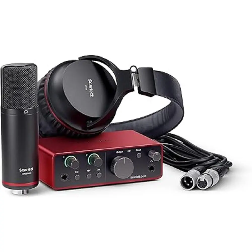 Focusrite Scarlett Solo Studio 4th Gen USB Audio Interface Bundle - Plug-and-Clip Design, USB Type-A Compatibility, Condenser Microphone, Headphones, Hitmaker Expansion, Storage Box for Songwriters, Recording