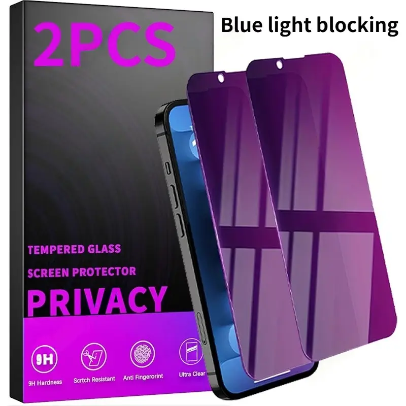 2pcs Anti Blue Light Privacy Screen Protector, Phone screen protectors For Cellphone Smartphone 17/16/15/14/13/12/11/Pro Max/Pro/Air/Plus/Mini,9H Tempered Glass,Eye Protection,Anti-scratch,Anti-fingerprint,Full Coverage, Accessories