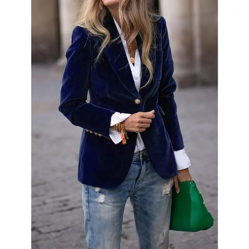 Elegant Women's Green Velvet Blazer - Chic Retro Single-Breasted Jacket with Buttons, Long Sleeves, and Stretchy Polyester Blend All Seasons, Versatile Women's Blazer| Retro Chic Jacket| Stretchy Blazer collar blazer Womenswear Coats Tops Co