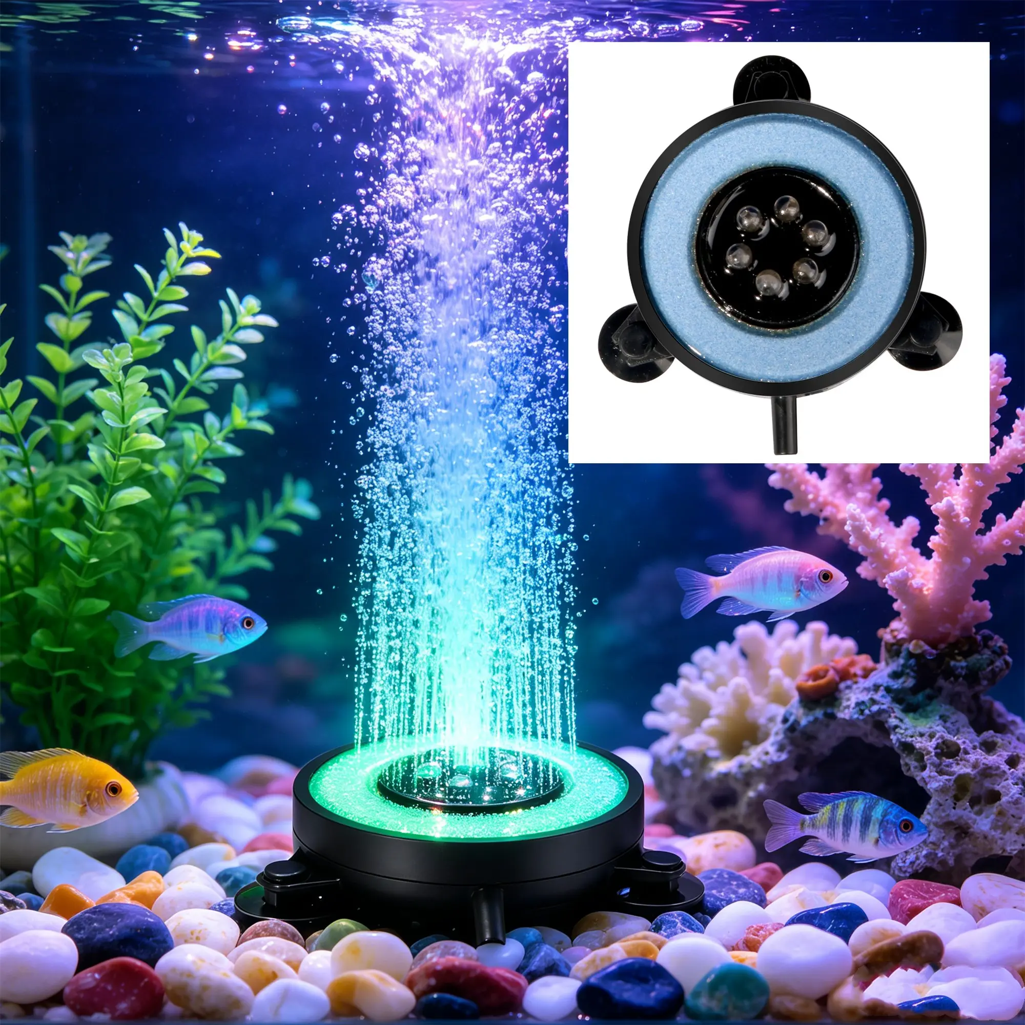 Aquarium LED Air Pump Light, Rainbow Gradient Oxygen Bubble Lamp, Fish Tank Submersible Decorative Light, Nano Fine Bubbles, High Dissolved Oxygen
