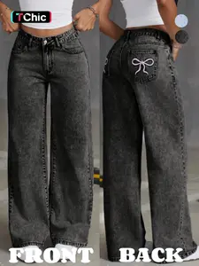 Women's Embroidering Design Pocket Button Fly Denim Pants, Casual Fashion Comfy Trousers for Daily Wear, Ladies Bottoms for All Seasons, Love Handles Low Waist Jeans, Low Rise Jeans