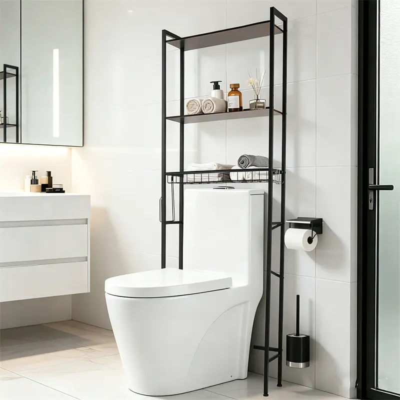 3-Tier Wood Over Toilet Space Saver Rack - Heavy Duty Eco-Friendly Metal Bathroom Organizer for Toiletries, Towels, Tissue - No Tools Required, Ideal for Apartments, Dorms - Bathroom Organizing Accessories