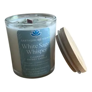 White Sage Whisper Candle, 10oz Wood Wick Soy Candle with Wooden Lid ,White Sage Essential Oil + Dried Sage ,Smudge Candle for Cleansing, Clarity , Protection
