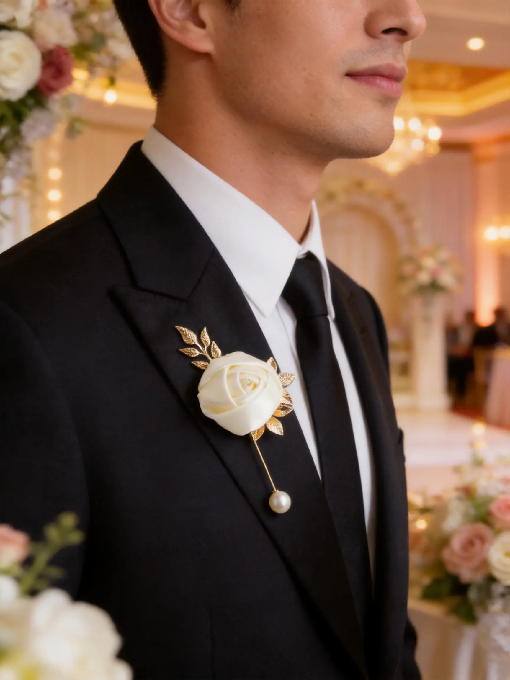 Gold Monogram Brooch Tie Pin on Black Floral Tie Rose Brooch Pin with Gold Foil Leaves, Satin Flower Lapel  main image 4