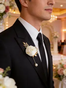 Rose Brooch Pin with Gold Foil Leaves, Satin Flower Lapel Pin, Wedding Party Prom Groom Suit Accessory, Unisex All Seasons