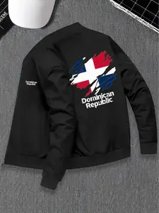 Men's Vintage Baseball Jacket, Casual, Fitted, Long Sleeve, Dominican Republic Flag Print, Zipper Retro Jacket with Collar, Polyester Lining