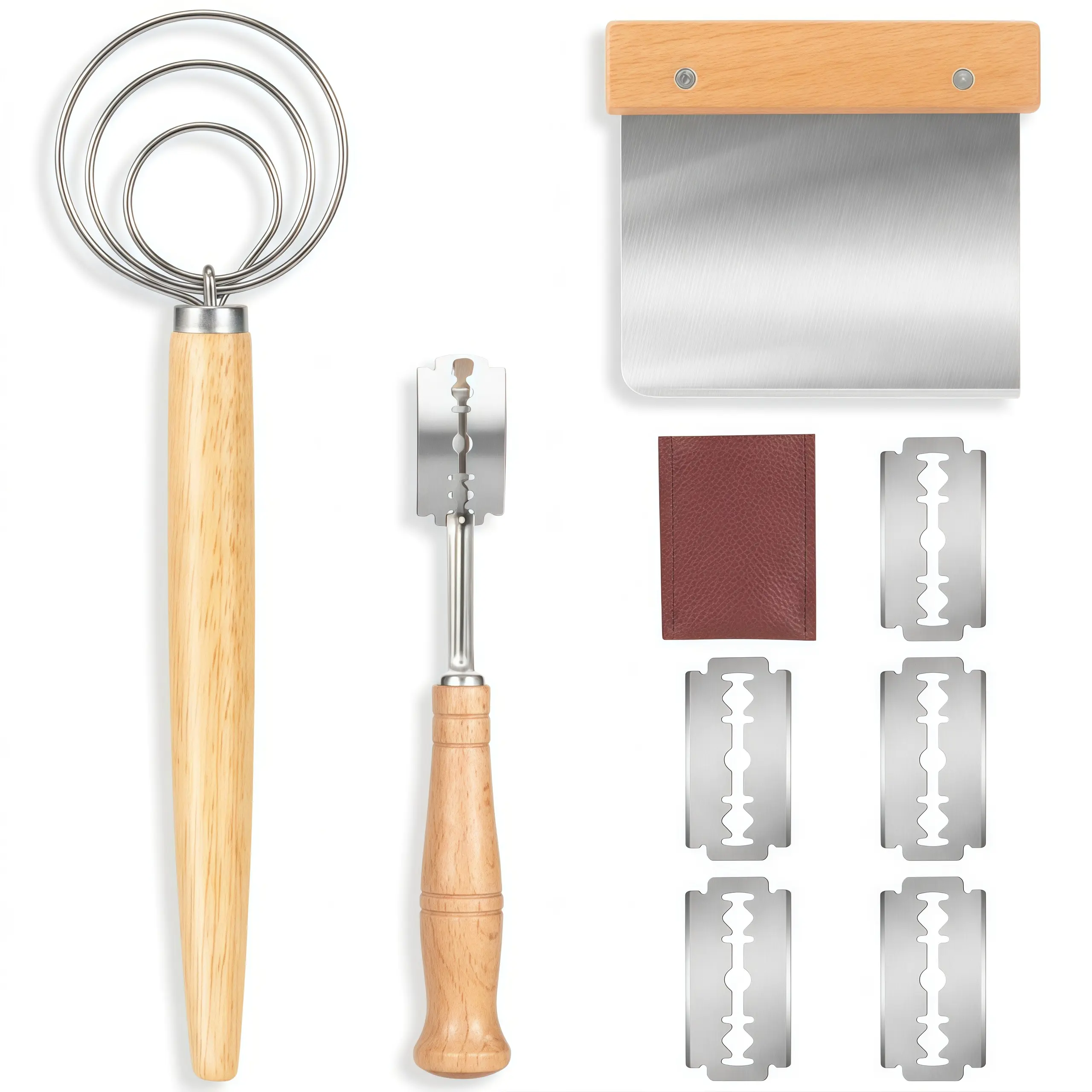 3-Piece Danish Dough Whisk Set, Bread Making Tools with Scraper & Lame Scoring Tool, Multi-Functional Supplies for Sourdough Mixing, Dough Making Tool Set