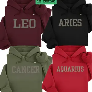 Minimalist Zodiac Hoodie - Menswear Tops, Halloween/Christmas Gift, Unisex T-Shirt Style Crewneck with Bold College Letter Design, Cozy Horoscope Pullover for Zodiac Lovers (Aries, Taurus, Gemini, Aquarius, Pisces) ZGE