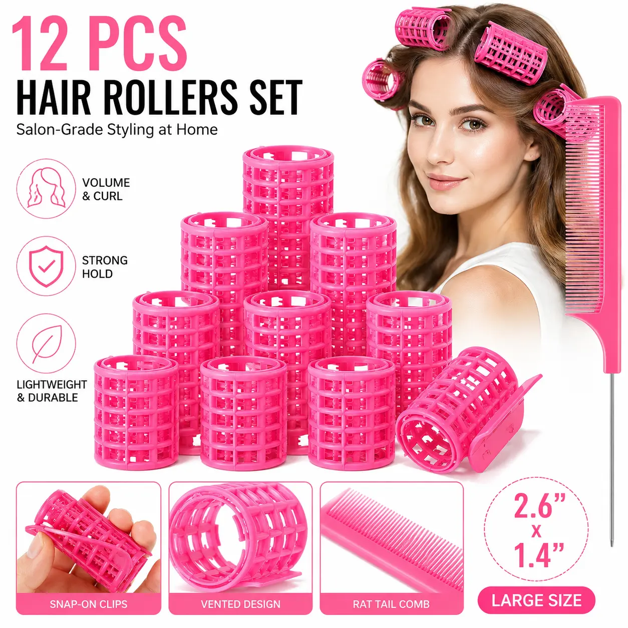 12-Piece 2.6in Large Plastic Hair Rollers Set with Self-Grip Clips, Rat-Tail Comb, Daily Volume Boost, Fine/Dry Hair Care Accessory for Natural Curls, Wavy Locks & Face-Framing Effect