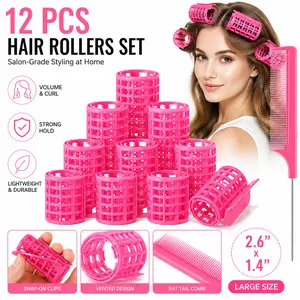 12 Pcs Large Pink Plastic Hair Rollers Set with Snap-on Clips & Rat Tail Comb, 2.6 x 1.4 Inch Salon-Grade Hot Rollers for Long Medium Short Hair & Bangs Styling