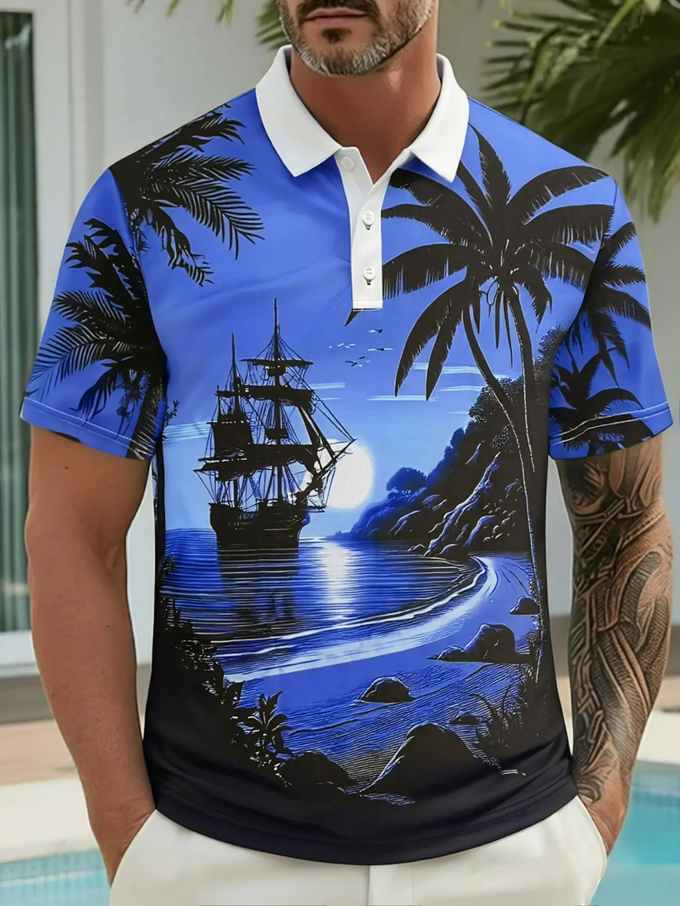 Men's Palm Tree Tropical Hawaiian Style Short Sleeve Long Polo Shirt, Plant, Lapel Casual Sporty Daily Wear, 3D Print Buttons, Breathable Mesh Fabric, Summer Vacation