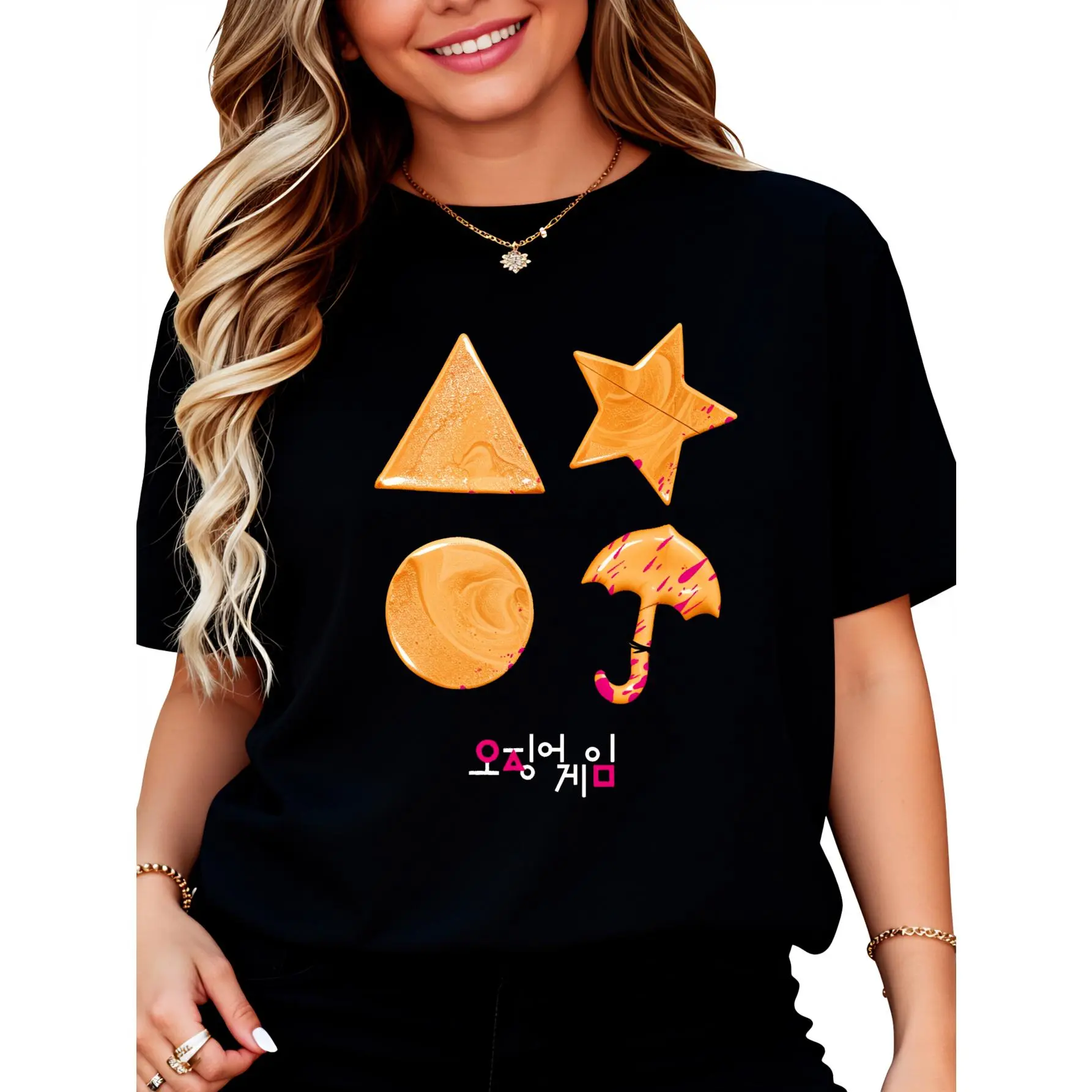 Men's Graphic Tee, 100% Cotton Casual Comfortable Short-Sleeve Round Neck, Unisex Squid Game Sugar Honey Combs Blood Cookies Prints Top (Pairs with Casual Bottoms)