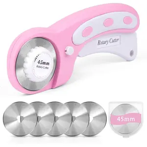 45mm Rotary Cutter for Fabric with 5 Extra Blades, Ergonomic Roller Cutter Cuts Through Multiple Layers, Safety Lock for Left and Right Handed, Professional Sewing & Quilting Tools Pink