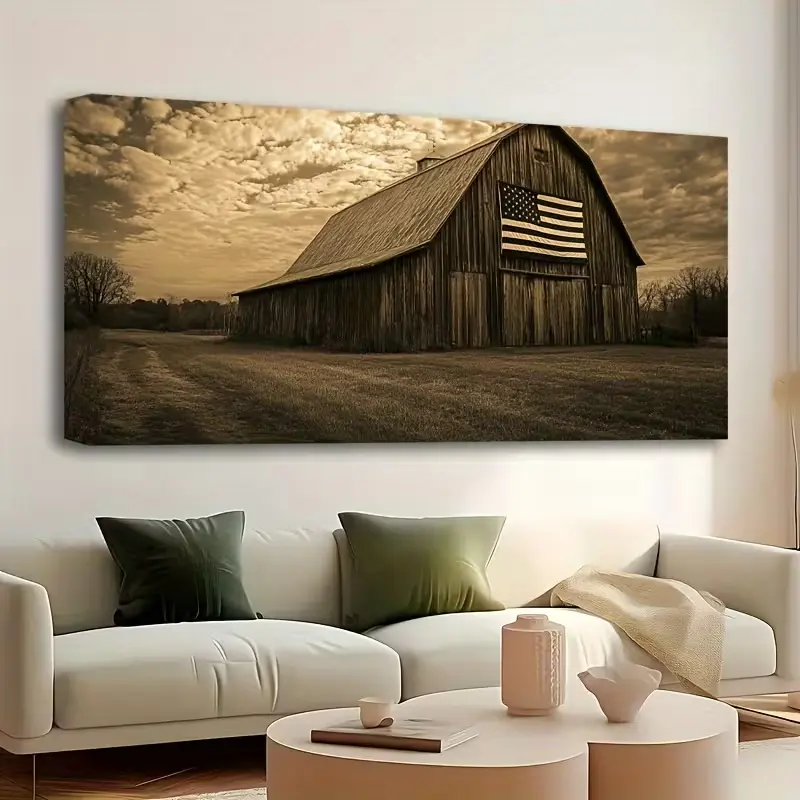 Cool farmhouse-style wall art featuring the American flag—a black-and-white, barn-style framed canvas print suitable for living room and bedroom decor.