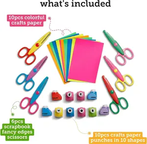 26PCS Crafting Set Craft Scissors with Decorative Edge - 6 Scissors with Fun Decorative Edge - 10 Paper Hole Punch Shapes & 10 Colorful Pieces of Paper summervibes