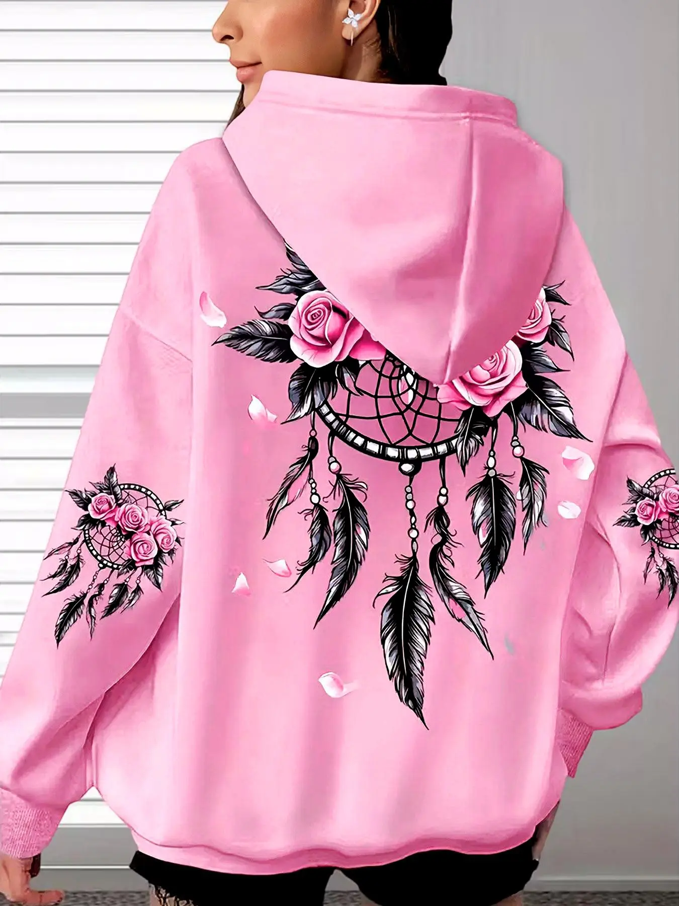 Women's Fashion Loose Fit Baggy Oversized Long Sleeves Hooded Sweatshirt Tops, Rose Feather Floral Print, Casual Fall & Winter Design, Versatile and Stylish, Womenswear