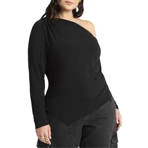 ELOQUII Women's Plus Size Ruched One Shoulder Tee With Thumbhole Sleeve