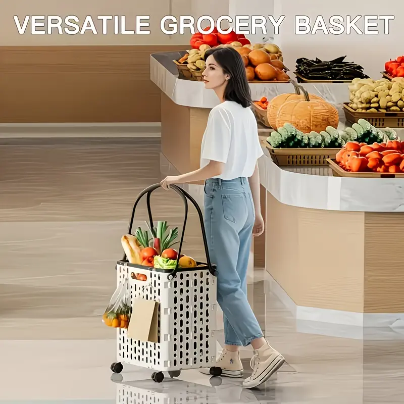 LDQ Large Capacity Foldable Collapsible Cart with Wheels & Handle - Lightweight Portable Home Organizer Storage Basket, Space-Saving, Heavy-Load, Suitable for Groceries, Beach, Household Essentials