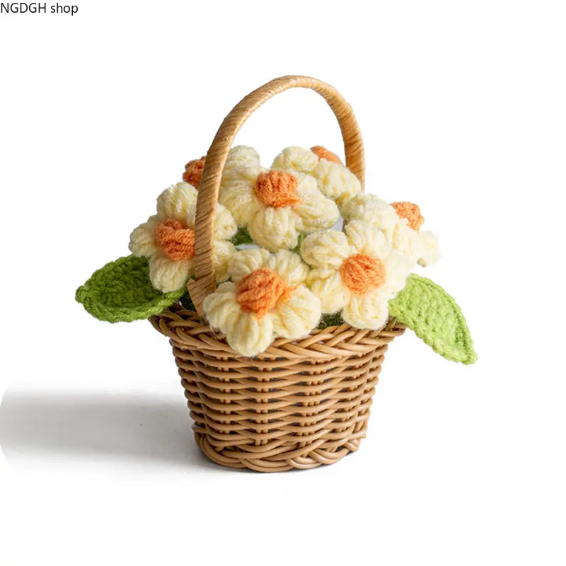 Handmade Crochet Daisy Flower Organiser Basket, Mini Woven Basket with Knitted Floral Bouquet, Boho Desk Decor for Home & Office Shelves to Add a Warm Cozy Vibe