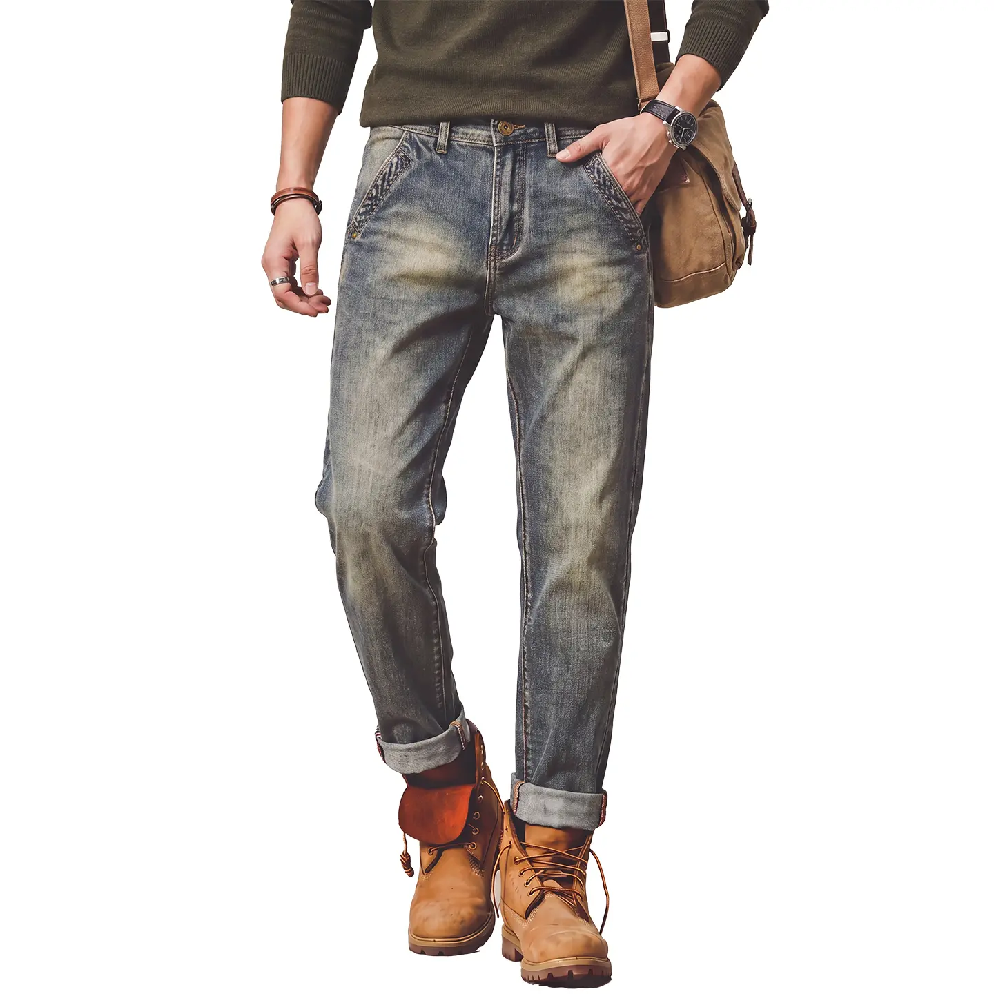 [P437] Men's Vintage Washed Workwear Jeans, Retro Distressed Loose Straight Fit Denim Pants