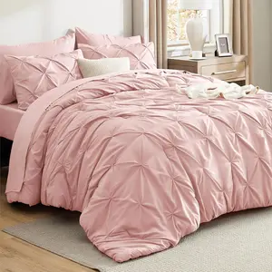 Queen Comforter Set Pink - Bed in a Bag Queen Size 7 Pieces, Pintuck Bed Set Gift for Family, Pinch Pleat Pink Comforter with Sheets, Pillowcases & Shams