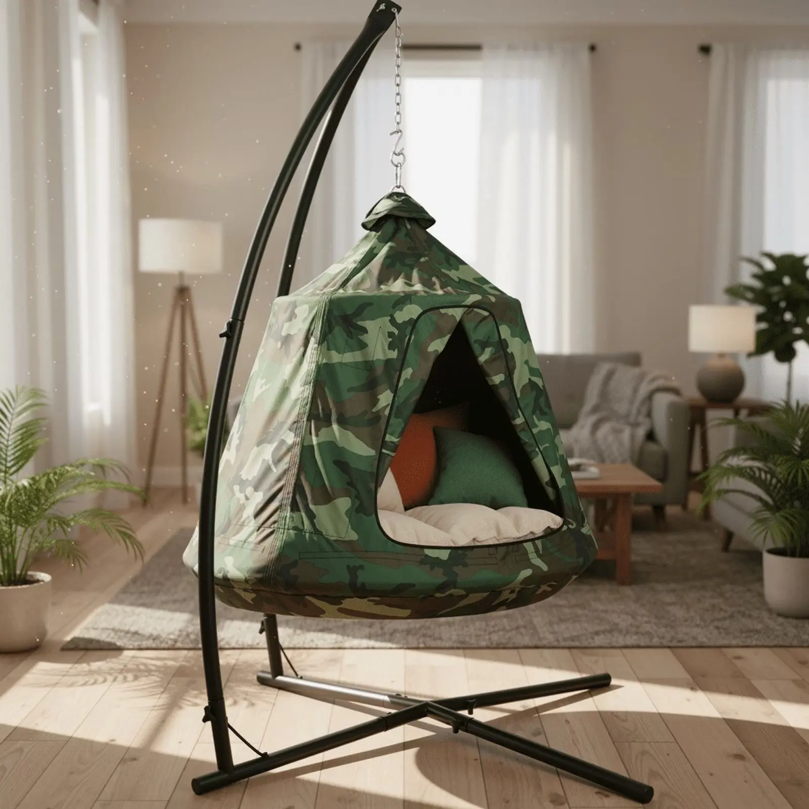 MAMIZO Hanging Hammock X-Stand with Tree Tent, Indoor Metal Swing Chair Stand with Play Tent, Outdoor Egg Basket Patio Seat with Support Stand, Porch Bedroom Balcony Chair with Adjustable Solid Stand Summer Holiday Lawn, Family Picnic
