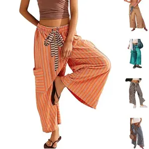 Women’s drawstring striped pants, wide-leg casual pants, and loose pants with pockets GARMENTARY
