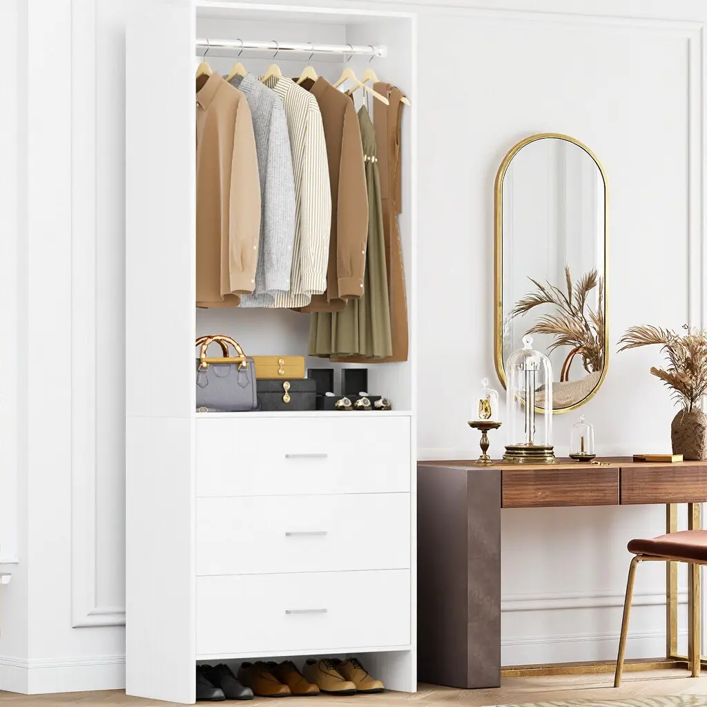iSunirm 24" White Oak Freestanding Tall Vertical Modern Neutral Space Saver Wardrobe System - 3 Drawers, Heavy-Duty Hanging Rod, Bedroom & Small Space Organizer, Freestanding Wardrobes, Modern Neutral Wardrobes