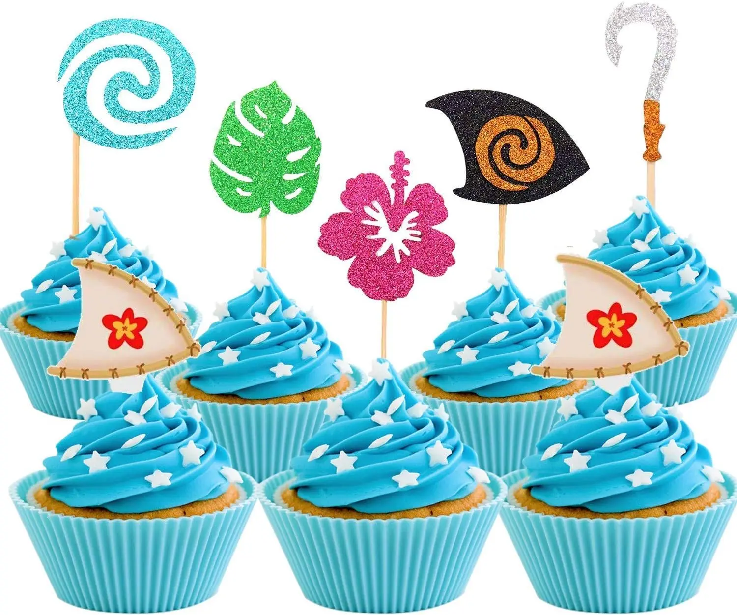 30 Pcs Glittery Moana Inspired Cupcake Toppers Moana Cake Toppers Hawaiian Birthday Party Decoration for Tropical Luau Summer Party Baby Shower Wedding… Themed Kids Flower Leaf
