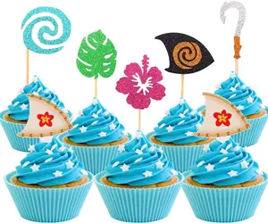 LaVenty cake shed cake topper gender reveal 30 Pcs Glittery Moana Inspired Cupcake Toppers Moana Cake Toppers Hawaiian Birthday Party Decoration for Tropical Luau Summer Party Baby Shower Wedding… Themed Kids Flower Leaf