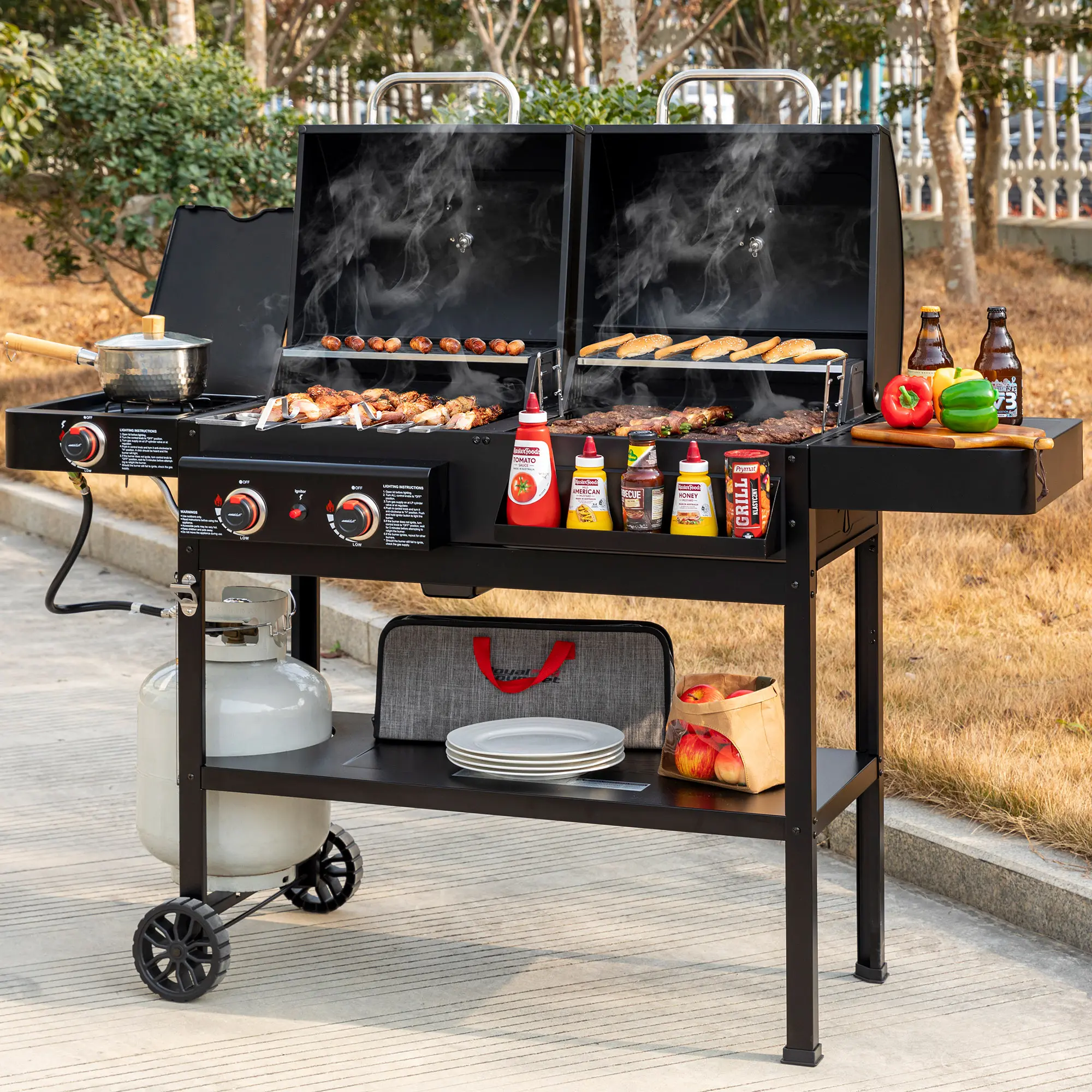 Royal Gourmet ZH3005 3-IN-1 Gas & Charcoal Combo Grill with Side Burner, 2-Burner Dual Fuel BBQ Grill, 34,000 BTU, 823 Sq. In. Cooking Area, Height-Adjustable Charcoal Pan, Outdoor Patio & Backyard Grilling