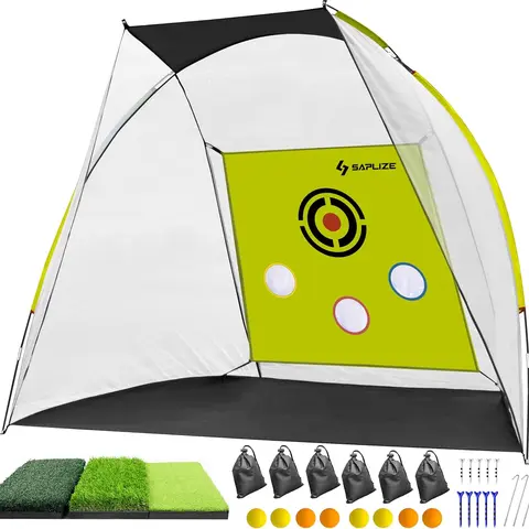 SAPLIZE Real-Ball Impact Hitting Net & Tri-Turf Mat Set, Golf Training Aids with 20% Larger Opening Area, 500N Impact Resistance, Easy Installation & Portability, Dual Stability Setup, Noise-Reducing Target Cloth, Indoor Outdoor Training Equipment